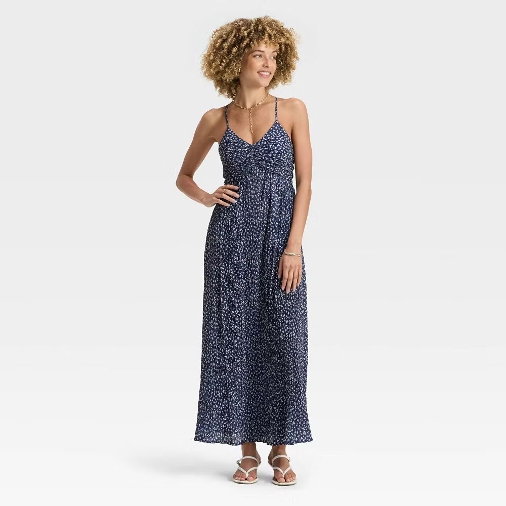 Women's Pleated Maxi Dress - A New Day Dark Blue S
